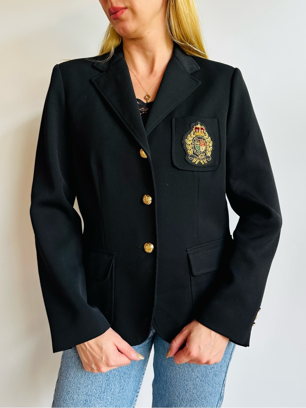 Ralph Lauren Crest Blazer Gold Buttons Black Wool Equestrian Preppy Jacket Regal
